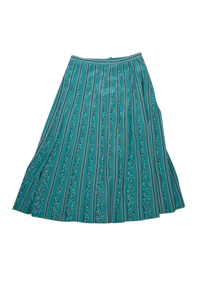 Celine - Teal Stars and Stripes Patterned Pleated Skirt Sz M - Current Boutique