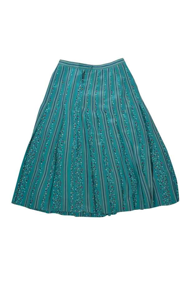 Celine - Teal Stars and Stripes Patterned Pleated Skirt Sz M - Current Boutique