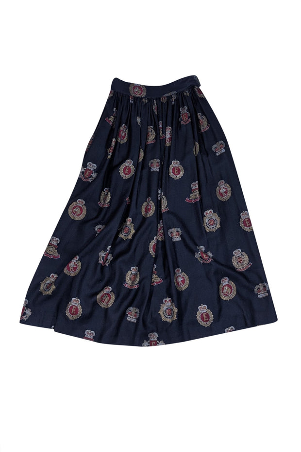 Escada - Navy w/ Red, White, & Gold Crown Print Midi Skirt Sz 6 - Current Boutique
