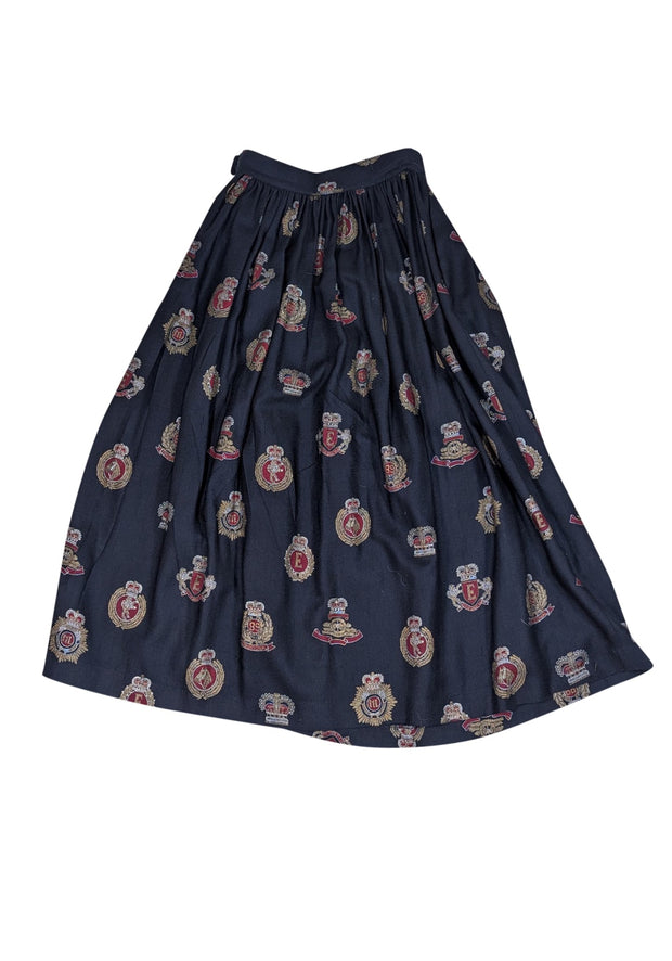 Escada - Navy w/ Red, White, & Gold Crown Print Midi Skirt Sz 6 - Current Boutique