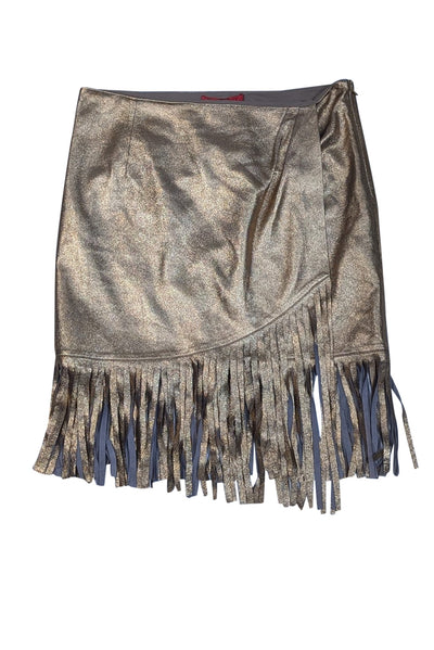 Tamara Mellon - Gold Metallic Leather Fringe Trim Skirt Sz 6 - Current Boutique