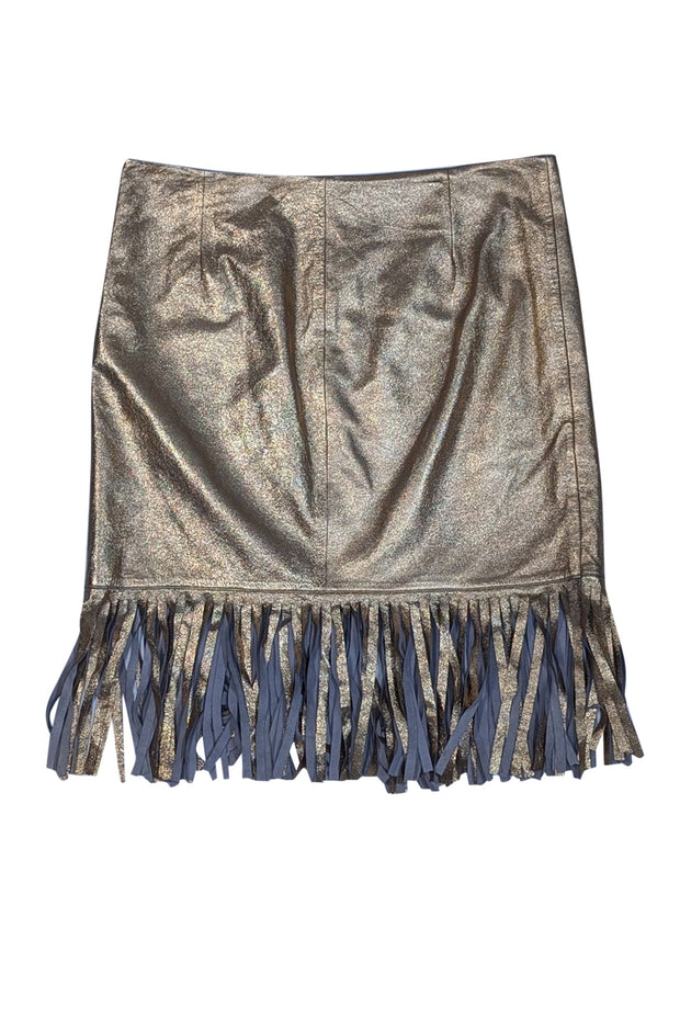Tamara Mellon - Gold Metallic Leather Fringe Trim Skirt Sz 6 - Current Boutique