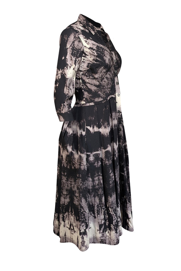 Samantha Sung - Black & Grey Tie Dye Print Silk Midi Dress Sz 6 - Current Boutique