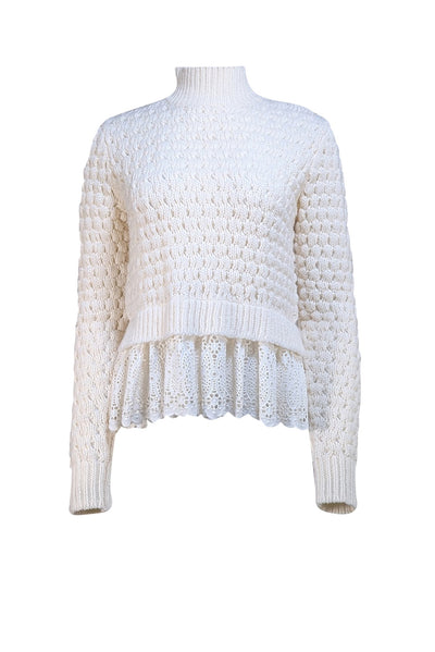 Rebecca Taylor - Ivory Textured Eyelet Hem Turtleneck Sweater Sz M - Current Boutique