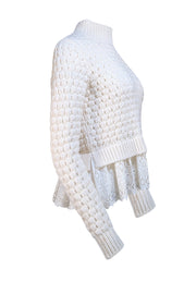 Rebecca Taylor - Ivory Textured Eyelet Hem Turtleneck Sweater Sz M - Current Boutique