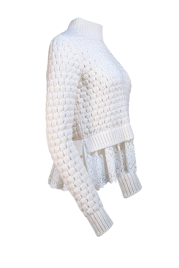 Rebecca Taylor - Ivory Textured Eyelet Hem Turtleneck Sweater Sz M - Current Boutique