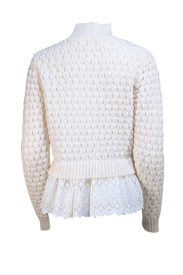 Rebecca Taylor - Ivory Textured Eyelet Hem Turtleneck Sweater Sz M - Current Boutique