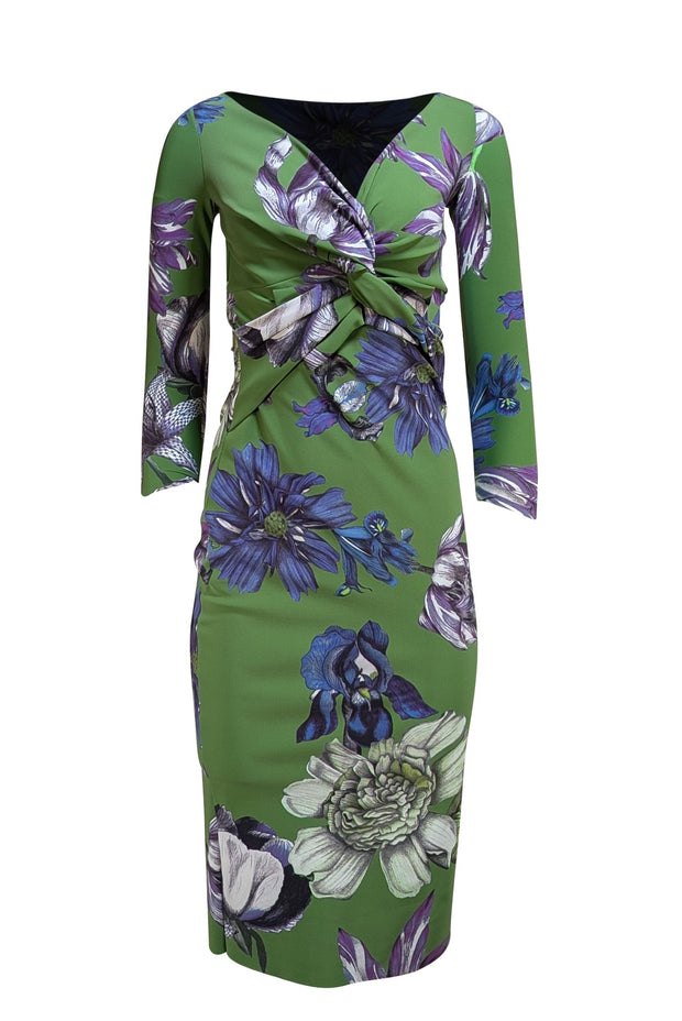 Chiara Boni - Green w/Blue & Purple Floral Print Fitted Dress Sz 4