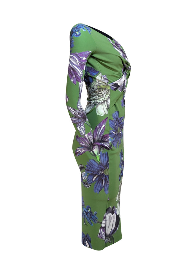 Chiara Boni - Green w/Blue & Purple Floral Print Fitted Dress Sz 4