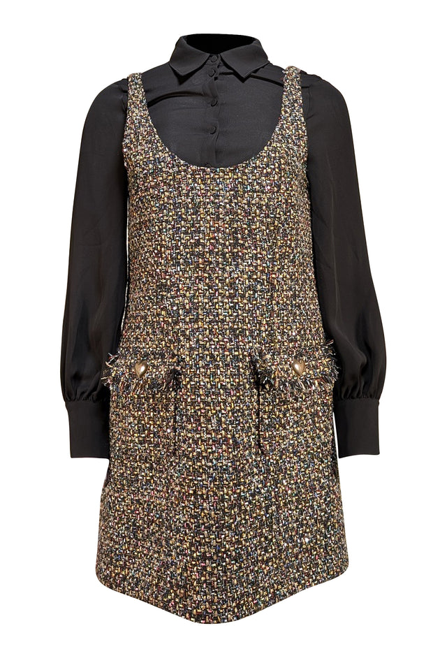 Cinq a Sept - Black w/ Multicolor Confetti Tweed Mixed Media Dress Sz 4 - Current Boutique