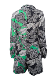 Current Boutique-Farm Rio - Green, Black, & White Foliage Print Denim Romper Sz S