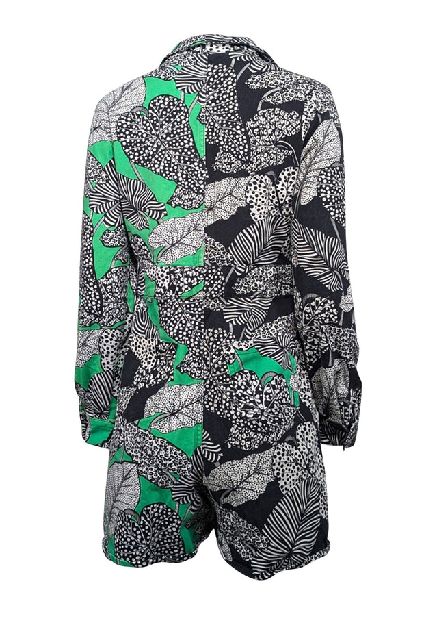 Current Boutique-Farm Rio - Green, Black, & White Foliage Print Denim Romper Sz S