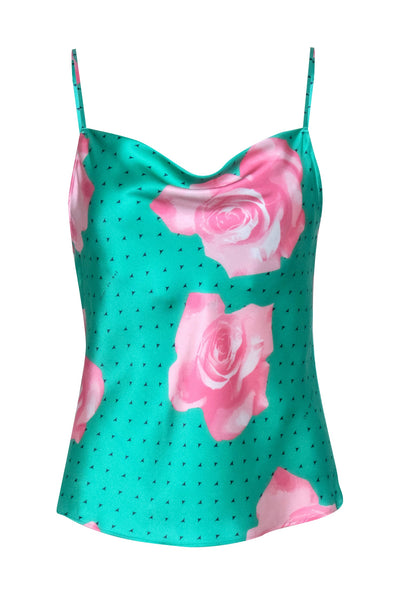 Current Boutique-Fleur Du Mal - Green w/ Large Pink Floral Print Silk Cami Blouse Sz S