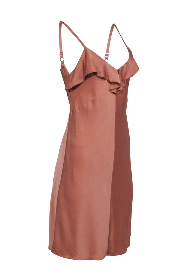 Current Boutique-A.L.C. - Beige Crepe Satin Sleeveless Ruffle Mini Dress Sz 2