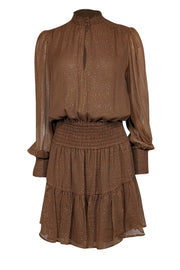 Current Boutique-A.L.C. - Tan & Gold Metallic Striped Smocked Waist Silk Blend Dress Sz 8