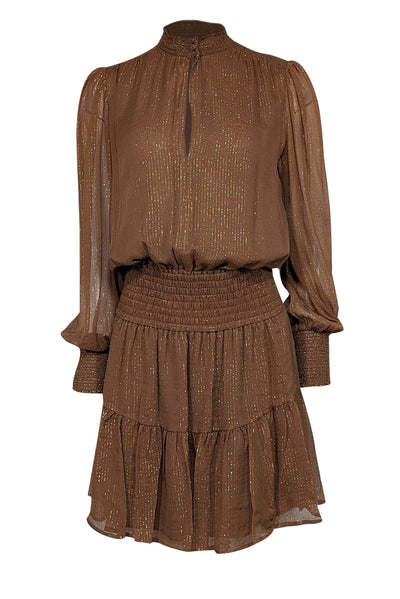 Current Boutique-A.L.C. - Tan & Gold Metallic Striped Smocked Waist Silk Blend Dress Sz 8