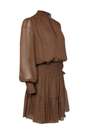 Current Boutique-A.L.C. - Tan & Gold Metallic Striped Smocked Waist Silk Blend Dress Sz 8