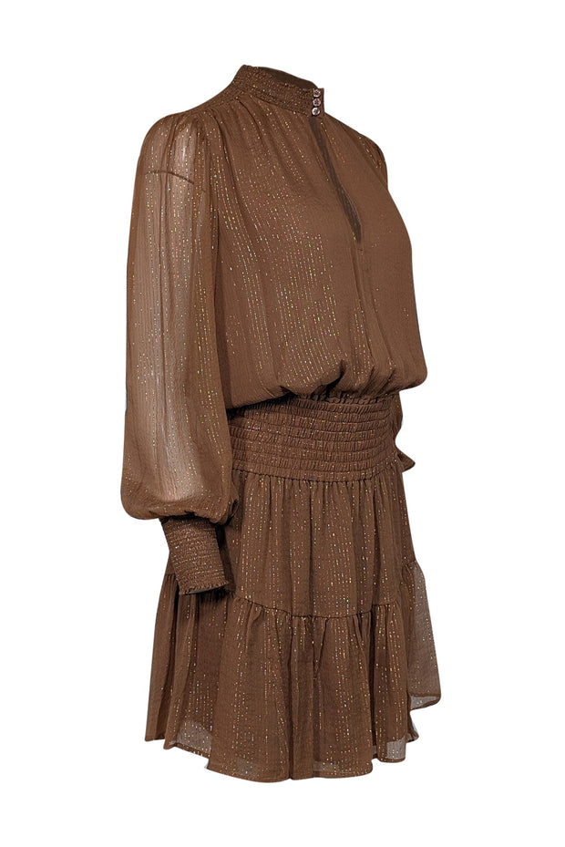 Current Boutique-A.L.C. - Tan & Gold Metallic Striped Smocked Waist Silk Blend Dress Sz 8