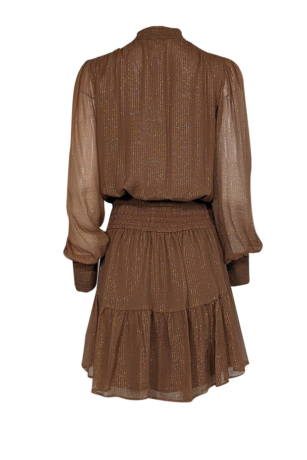 Current Boutique-A.L.C. - Tan & Gold Metallic Striped Smocked Waist Silk Blend Dress Sz 8