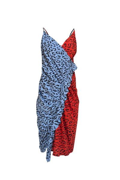 A.L.C. - Red, Blue, & Black Leopard Print Colorblock Ruched Dress Sz 10 - Current Boutique