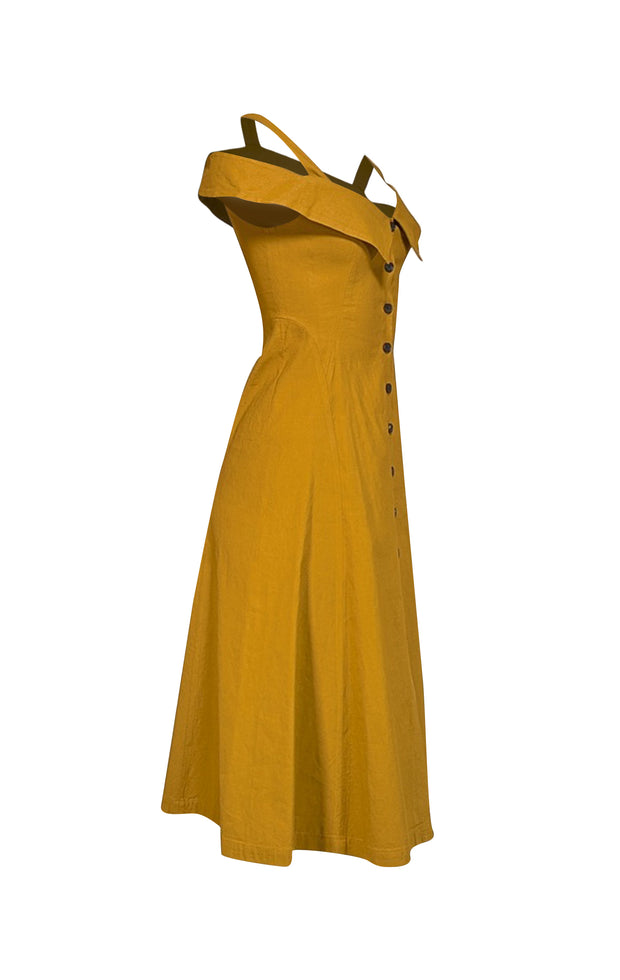 A.L.C. - Mustard Yellow Linen Blend Cold Shoulder Dress Sz 4 - Current Boutique