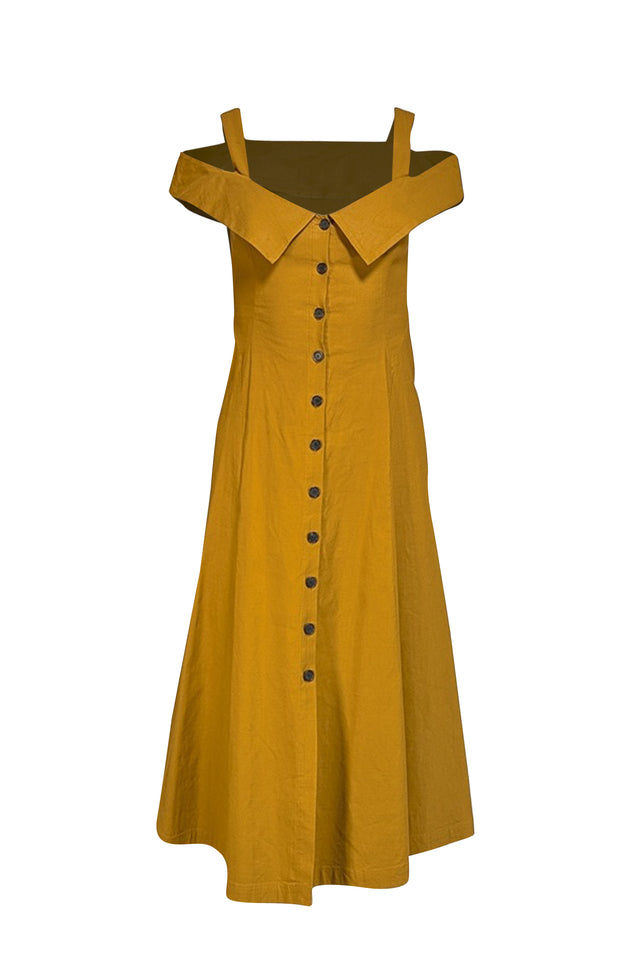 A.L.C. - Mustard Yellow Linen Blend Cold Shoulder Dress Sz 4 - Current Boutique