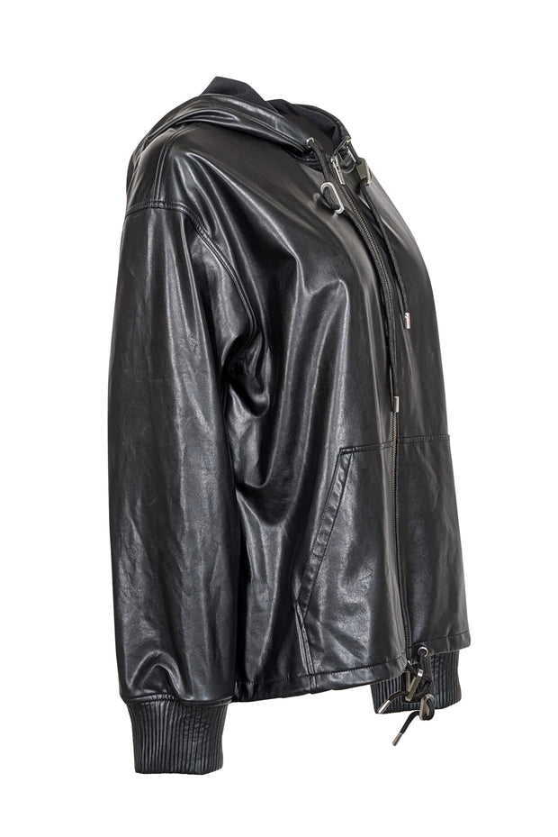 Current Boutique-A.L.C. - Black Faux Leather Zip-Up Hooded Jacket Sz S