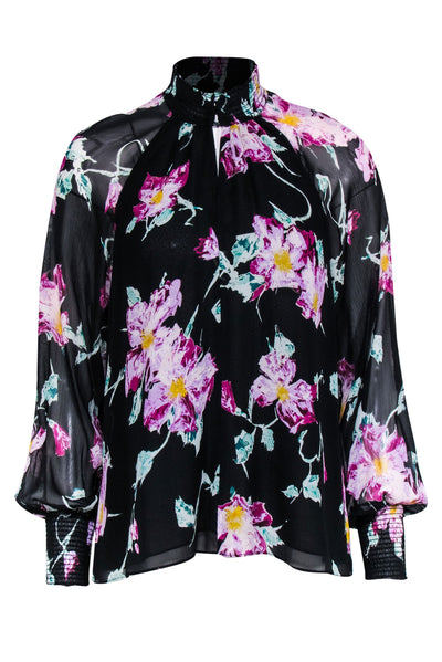 Current Boutique-A.L.C. - Black w/ Purple & Green Abstract Floral Print Silk Blouse Sz 0