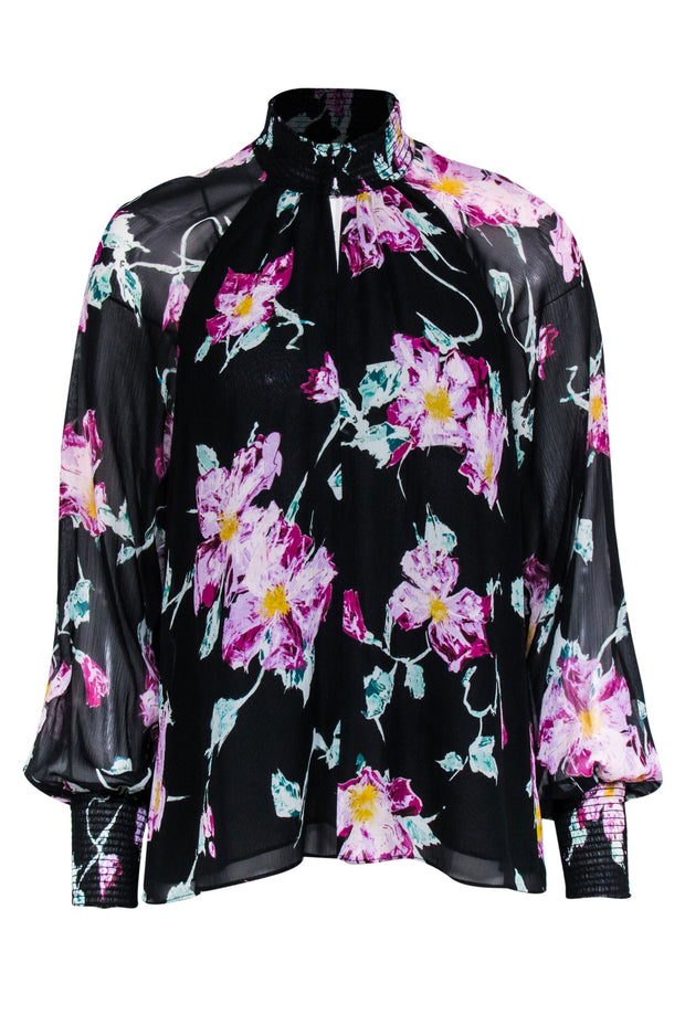 Current Boutique-A.L.C. - Black w/ Purple & Green Abstract Floral Print Silk Blouse Sz 0