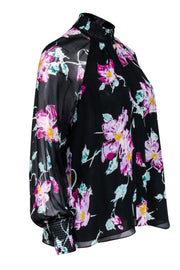 Current Boutique-A.L.C. - Black w/ Purple & Green Abstract Floral Print Silk Blouse Sz 0