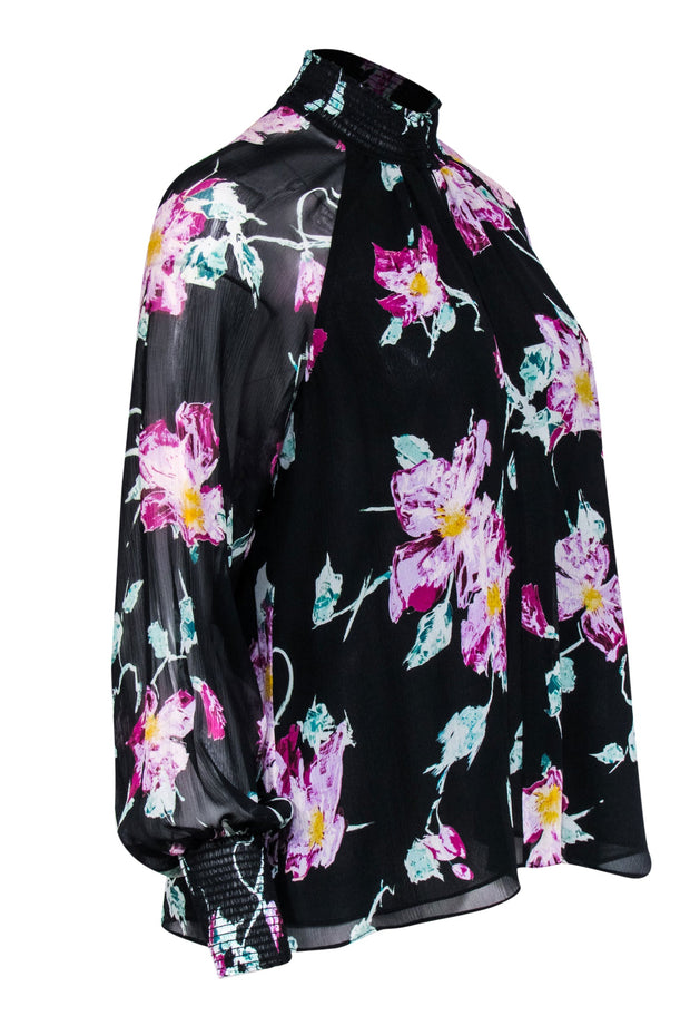 Current Boutique-A.L.C. - Black w/ Purple & Green Abstract Floral Print Silk Blouse Sz 0
