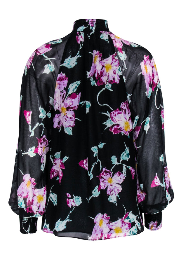 Current Boutique-A.L.C. - Black w/ Purple & Green Abstract Floral Print Silk Blouse Sz 0