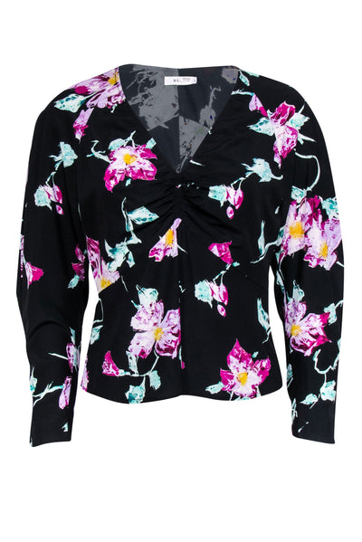 Current Boutique-A.L.C. - Black w/ Purple & Green Abstract Floral Print Stretch Silk Blouse Sz 4