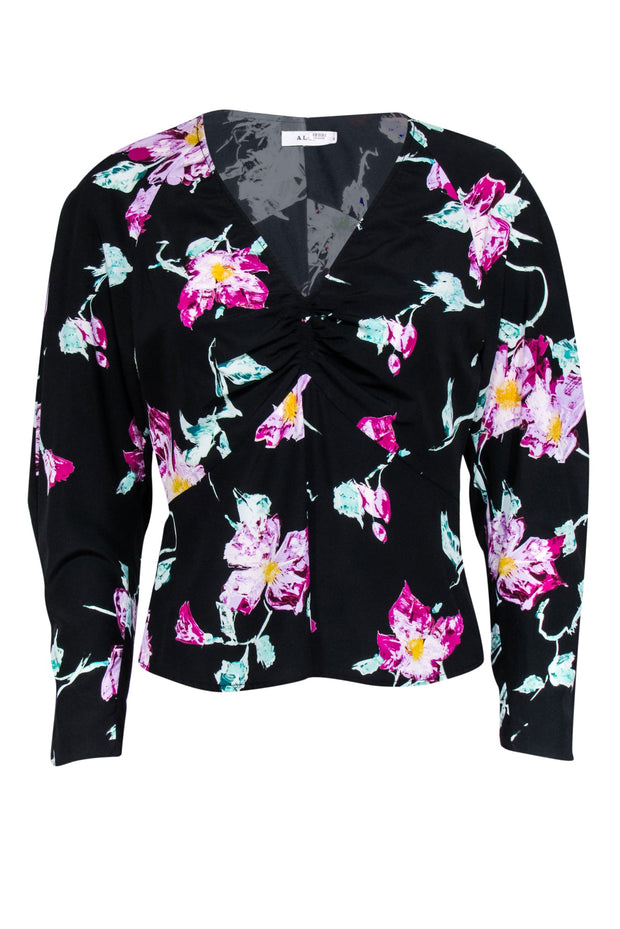 Current Boutique-A.L.C. - Black w/ Purple & Green Abstract Floral Print Stretch Silk Blouse Sz 4