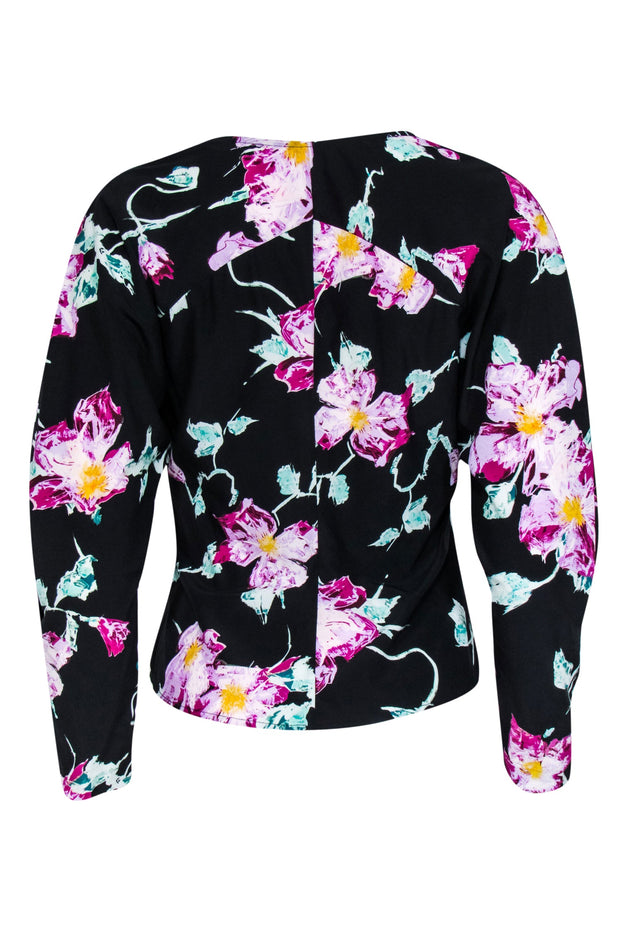 Current Boutique-A.L.C. - Black w/ Purple & Green Abstract Floral Print Stretch Silk Blouse Sz 4