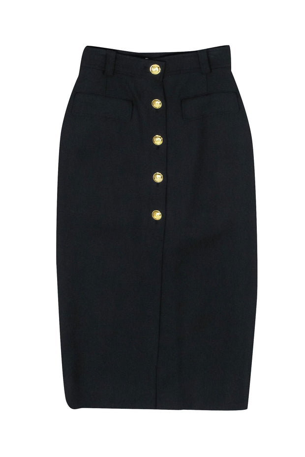 Current Boutique-A.L.C. - Black Midi Pencil Skirt w/ Gold Buttons Sz 4