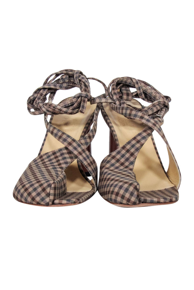 Current Boutique-A.W.A.K.E. Mode - Brown & Beige Gingham Asymmetric Open-Toe Heels Sz 8