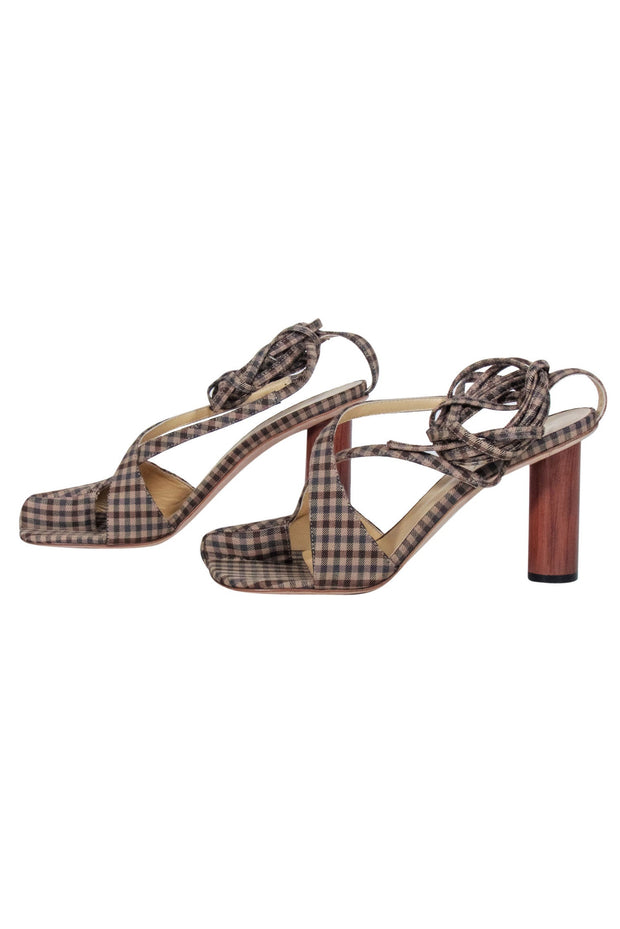 Current Boutique-A.W.A.K.E. Mode - Brown & Beige Gingham Asymmetric Open-Toe Heels Sz 8