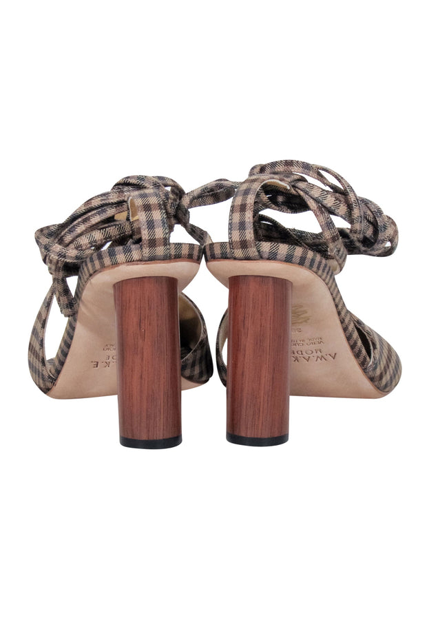 Current Boutique-A.W.A.K.E. Mode - Brown & Beige Gingham Asymmetric Open-Toe Heels Sz 8