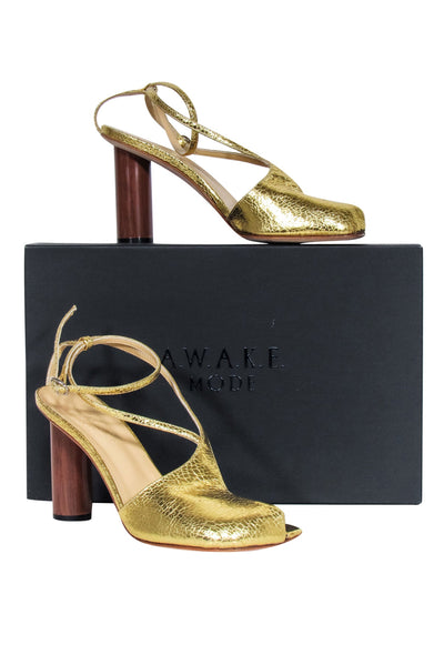 Current Boutique-A.W.A.K.E. Mode - Gold Crinkled Foil Asymmetric Open-Toe Heels Sz 8