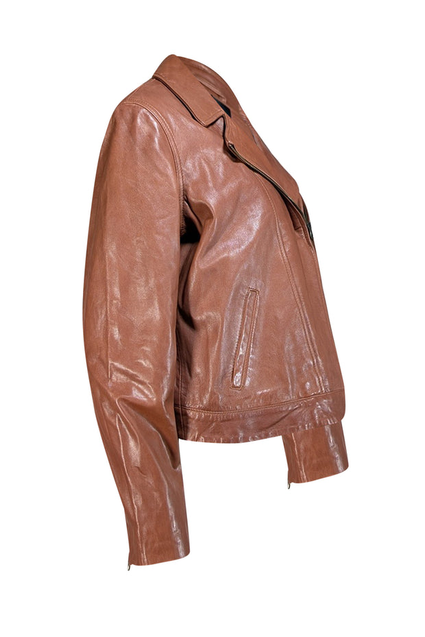Able - Brown Lamb Leather Moto Jacket Sz XL - Current Boutique