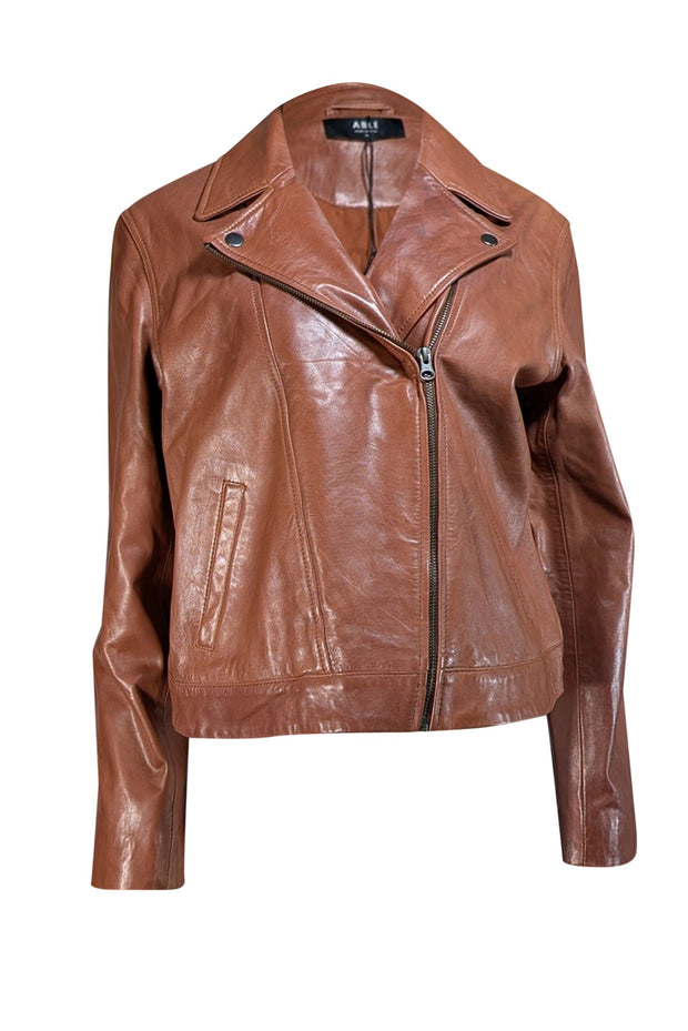 Able - Brown Lamb Leather Moto Jacket Sz XL - Current Boutique