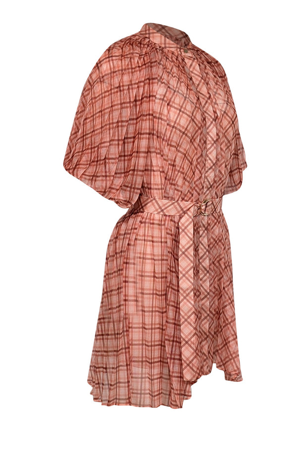 Current Boutique-Acler - Peach & Orange Plaid Pleated Puff Sleeve Mini Dress Sz 2