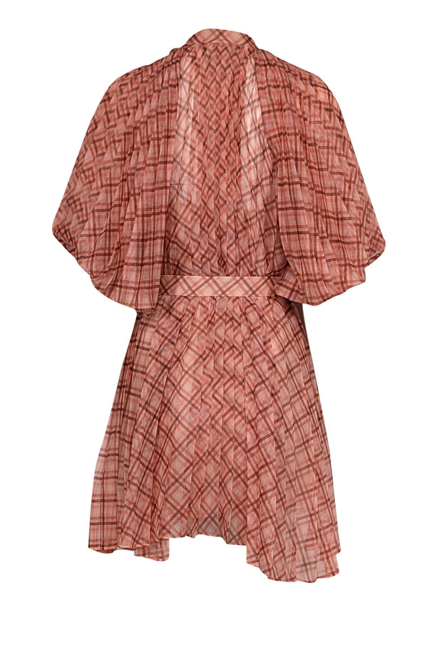 Current Boutique-Acler - Peach & Orange Plaid Pleated Puff Sleeve Mini Dress Sz 2