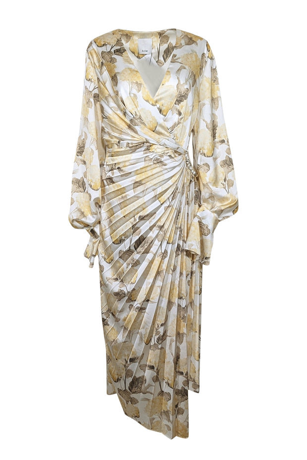Current Boutique-Acler - White w/ Yellow & Olive Hydrangea Print Pleated Satin Dress Sz 8