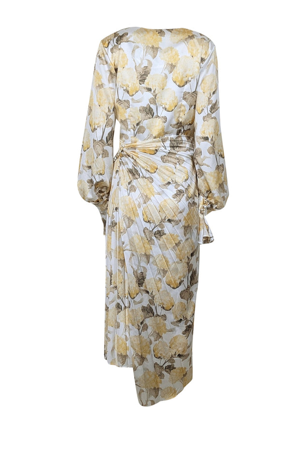 Current Boutique-Acler - White w/ Yellow & Olive Hydrangea Print Pleated Satin Dress Sz 8