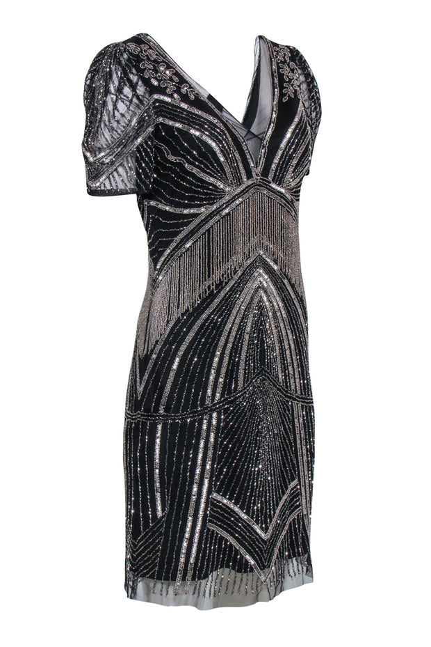 Current Boutique-Adrianna Papell - Black & Silver Beaded Mini Dress Sz 10