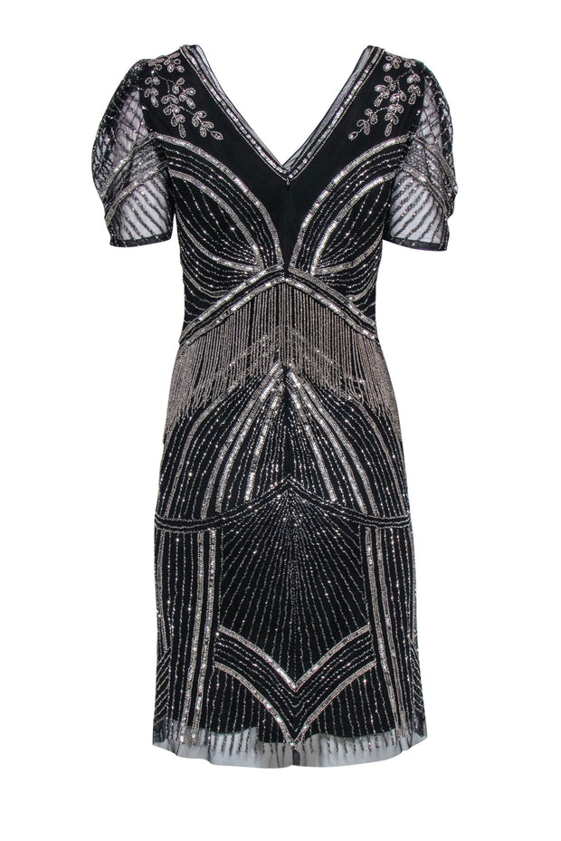 Current Boutique-Adrianna Papell - Black & Silver Beaded Mini Dress Sz 10