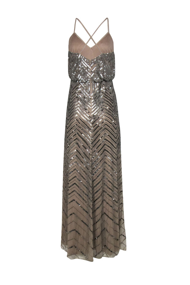 Current Boutique-Adrianna Papell - Champagne Gold Beaded & Sequin Formal Dress Sz 4