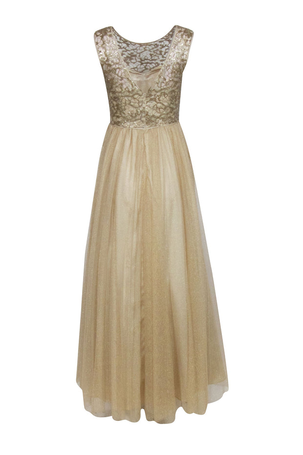 Current Boutique-Aidan Mattox - Gold Lace Bodice w/ Tulle Long Bottom Formal Dress Sz 2